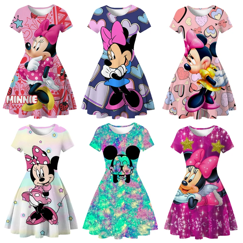 

Kids Summer Princess Dress Baby Girls Disney Mickey Minnie Mouse Cartoon Cuet Dress Quick Drying Nightdress Milk Silk Dress