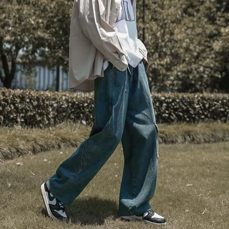 Blue Baggy Jeans Men Fashion Retro Pocket Cargo Jeans Men Japanese Streetwear Hip Hop Loose Straight Denim Pants Mens Trousers