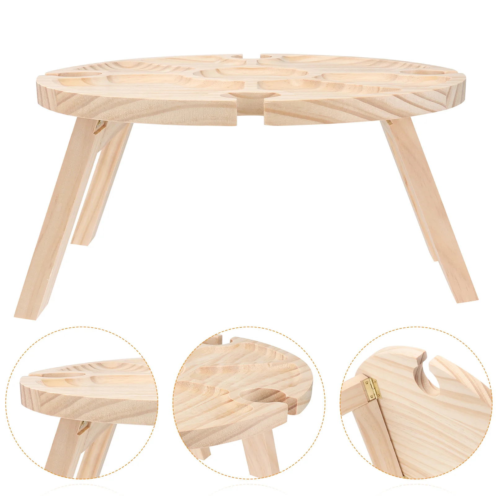 

1Pc Wooden Picnic Table with Glass Holder Outdoor Round Foldable Desk Khaki