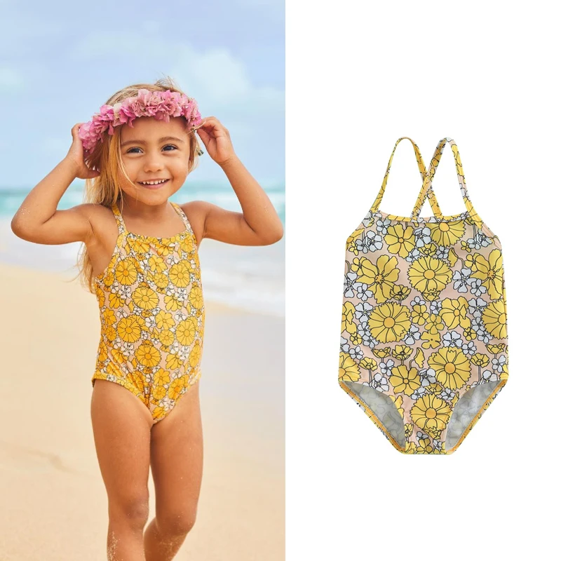 

0-4Y Summer Infant Baby Girls Bikini Swimwear Flowers Printed Strap Bathing Suit Clothing