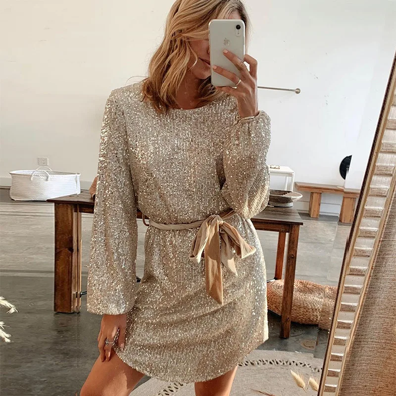

Sequin Dress Women with Belt 2021 Autumn New Slim Lantern Sleeve Round Neck Lace Up Mini Dresses Casual Fashion Female Dress