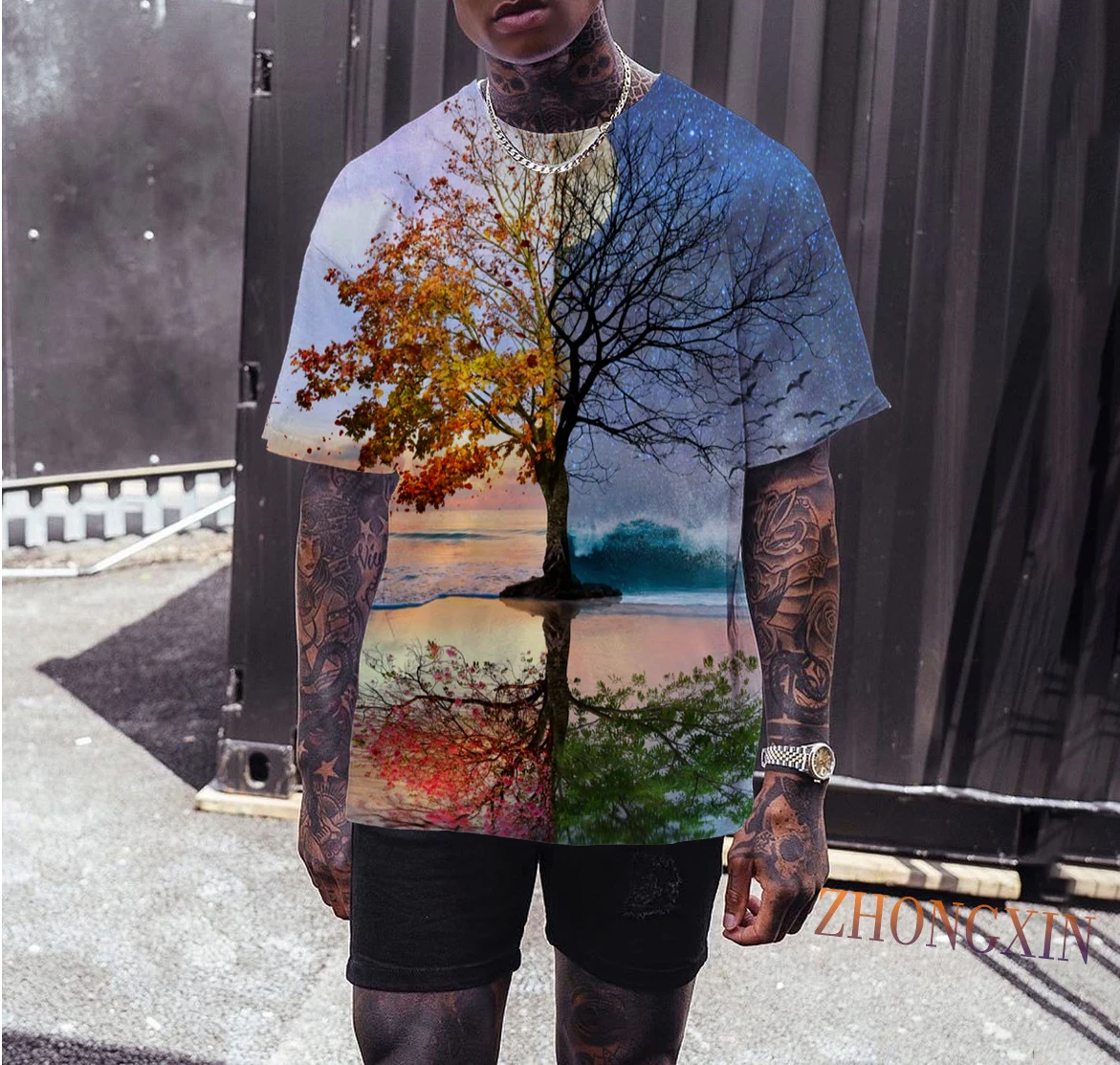

Novelty 3D Golden Chain Print Baroque Brand T-shirt 2019 Summer style short sleeve luxury Royal men clothes hip hop tops & tees