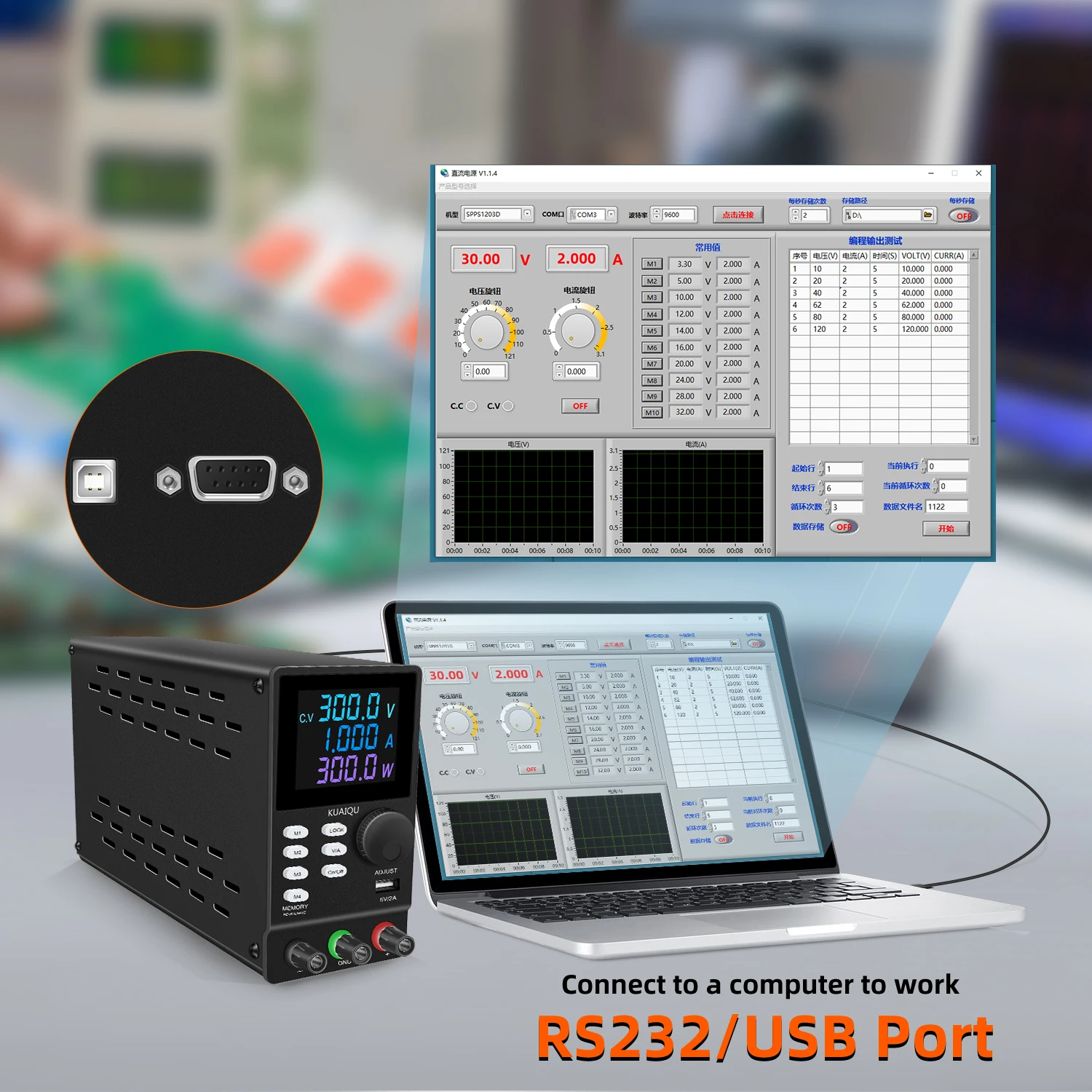 

Nice-power 30V 10A Switching DC Adjustable Power Supply Laboratory With RS232 Port 4 Digital Regulated USB Port Bench Source