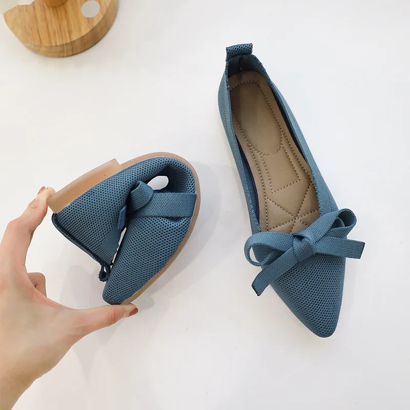 Pointed Toe Thin Flat Bottom Casual Shoe Shallow Mouth Soft Bottom Breathable Bow Knitted Shoes Women Ballerina Zapatillas Mujer