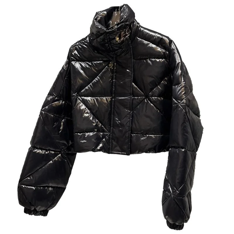 2022 Winter New Collection Metal Buckle Stand Collar Bright Plaid Warm Jacket Women White Duck Down Coat
