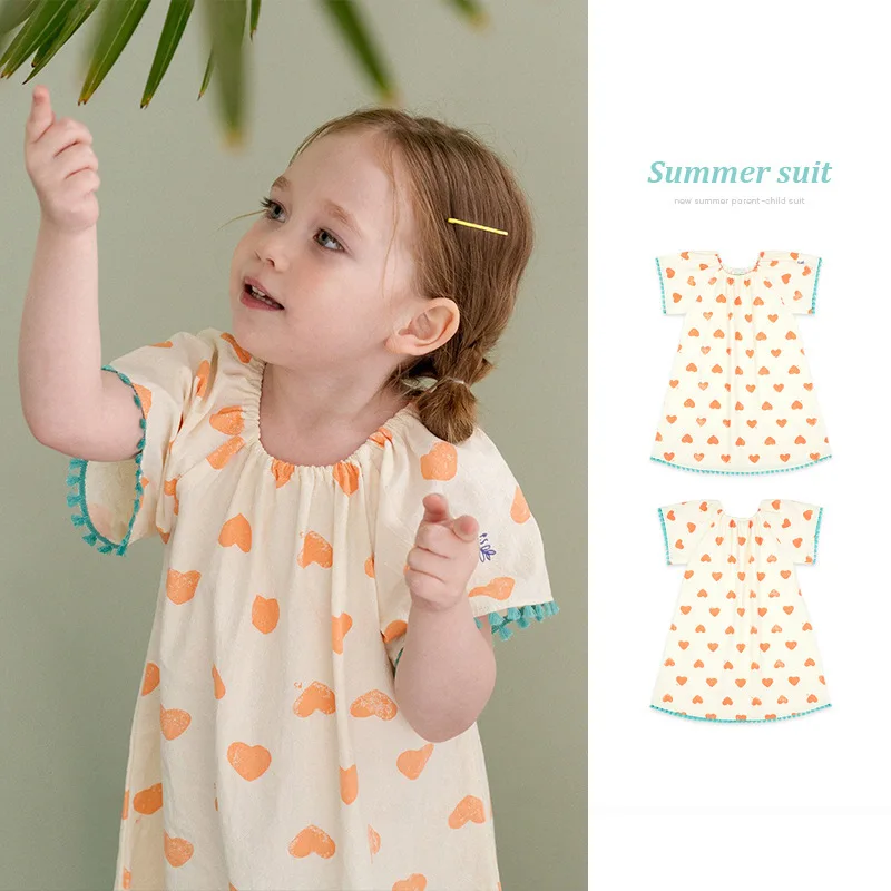 

girls dressGirls Dress 2022 Summer New Love Short Sleeve Children's Dress Cotton Orange Princess Dress Girls Clothes Children's
