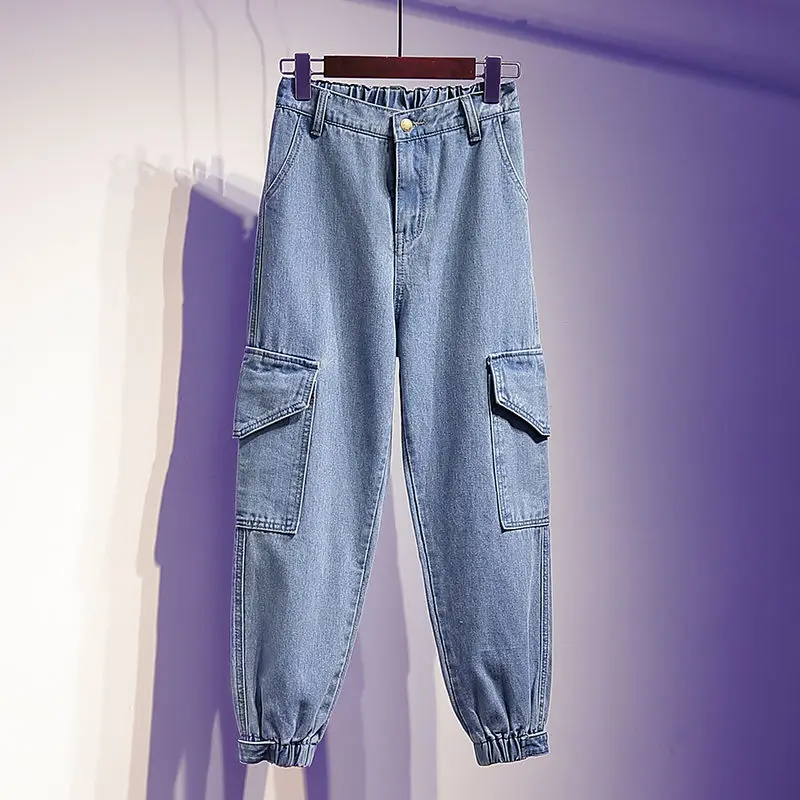 Light Wash Baggy Cargo Pants Women Jeans High Waist Wide Leg Denim Trousers 2022 Summer Fashion Streetwear With Pockets