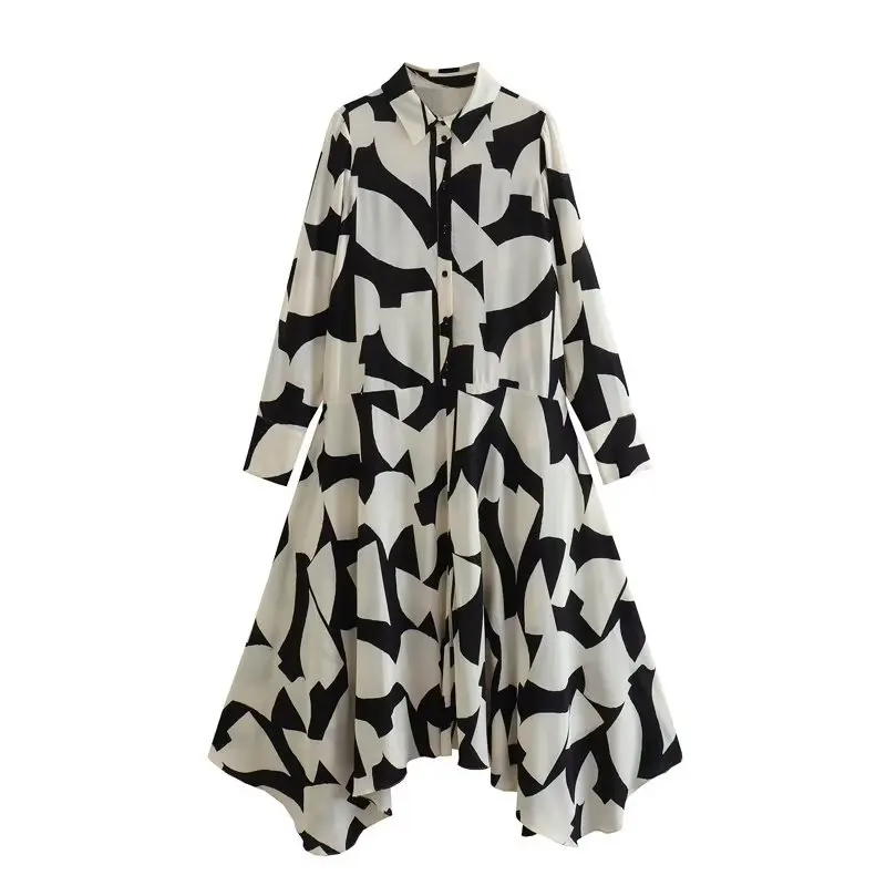 

TRAF New Women Vintage Graffiti Print Hem Irregular Big Swing Midi Dress Female Chic Long Sleeve Business Party Vestido