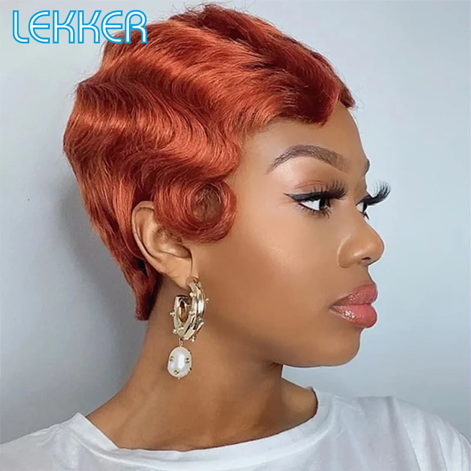 Lekker Colored Short Pixie Cut Finger Wave T Part Lace Front Human Hair Wig For Women Brazilian Remy Hair Glueless 99J Curly Wig