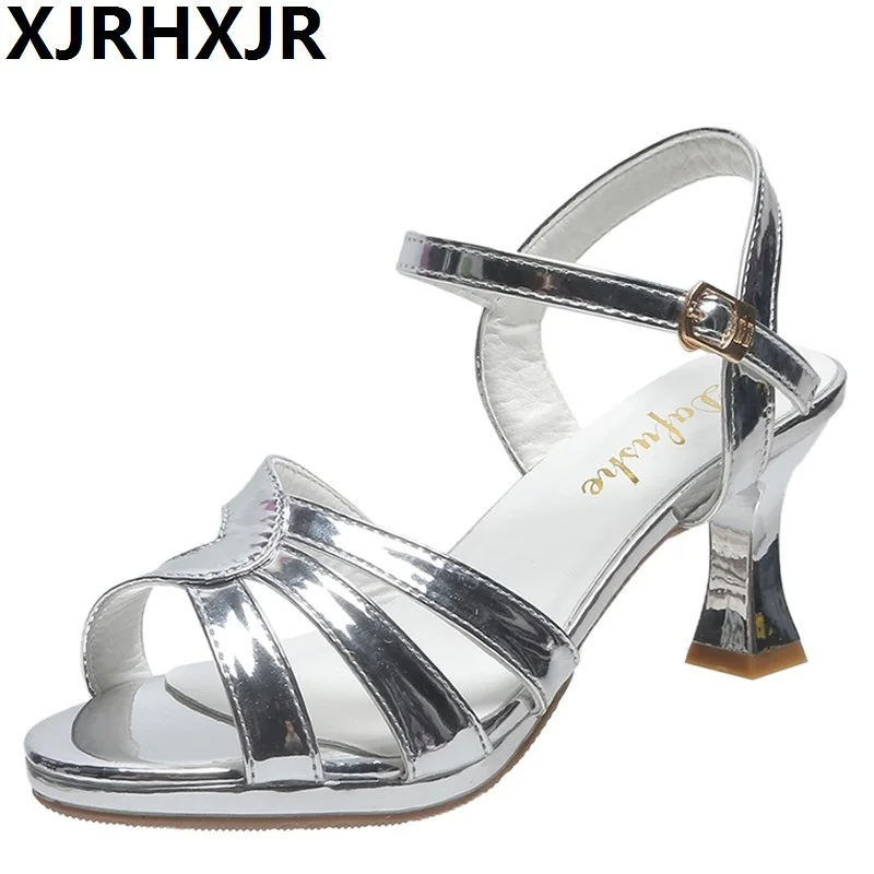 

2022 Sandals Girl Summer Women's Sliver Gold Large Bow Bag Heel Ladies Fashion Sweety Gold Silver Mid Heel Women's Sandals