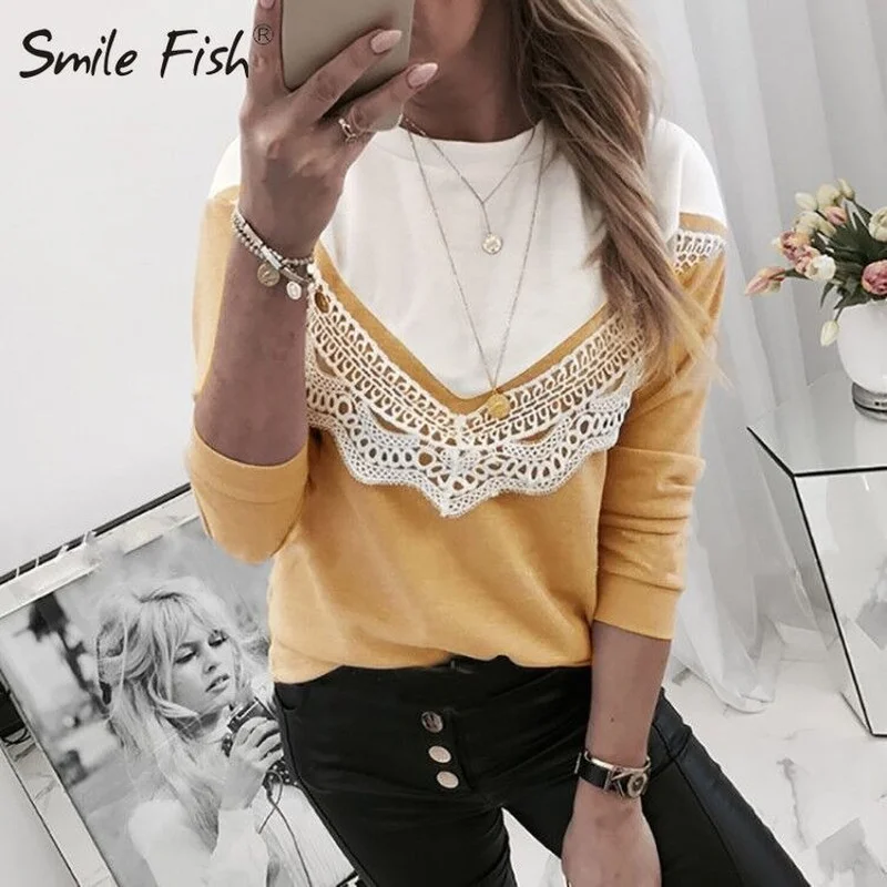 

Рубашка женская с длинным рукавом, милая вязаная крючком блузка с кружевом в стиле пэчворк, повседневный базовый топ, G1115, весна-Зима