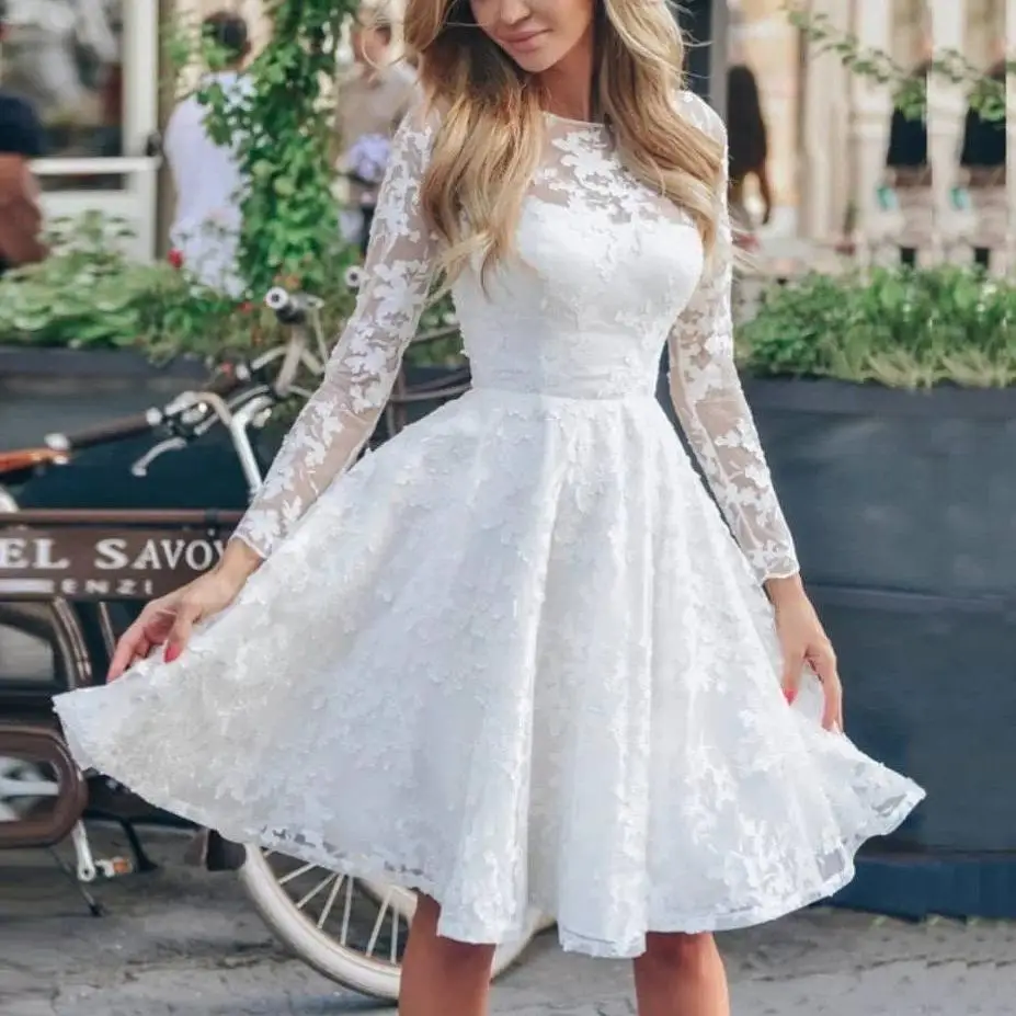 CFED-116 2022Y New Arrival Solid Color Long Sleeve Evening Dress Pure White Lace Party Dress Elegant Prom Dress Fashion Dress