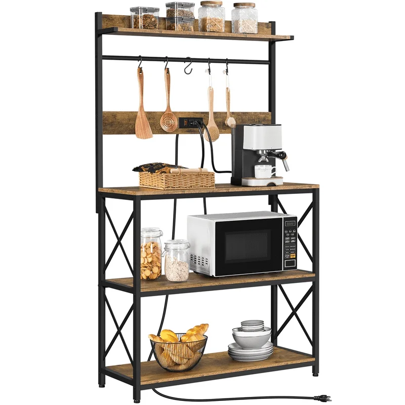 

63″H Kitchen Baker’s Racks with 2 AC Outlets for Kitchens Living Rooms, 4-Tier, Rustic Brown