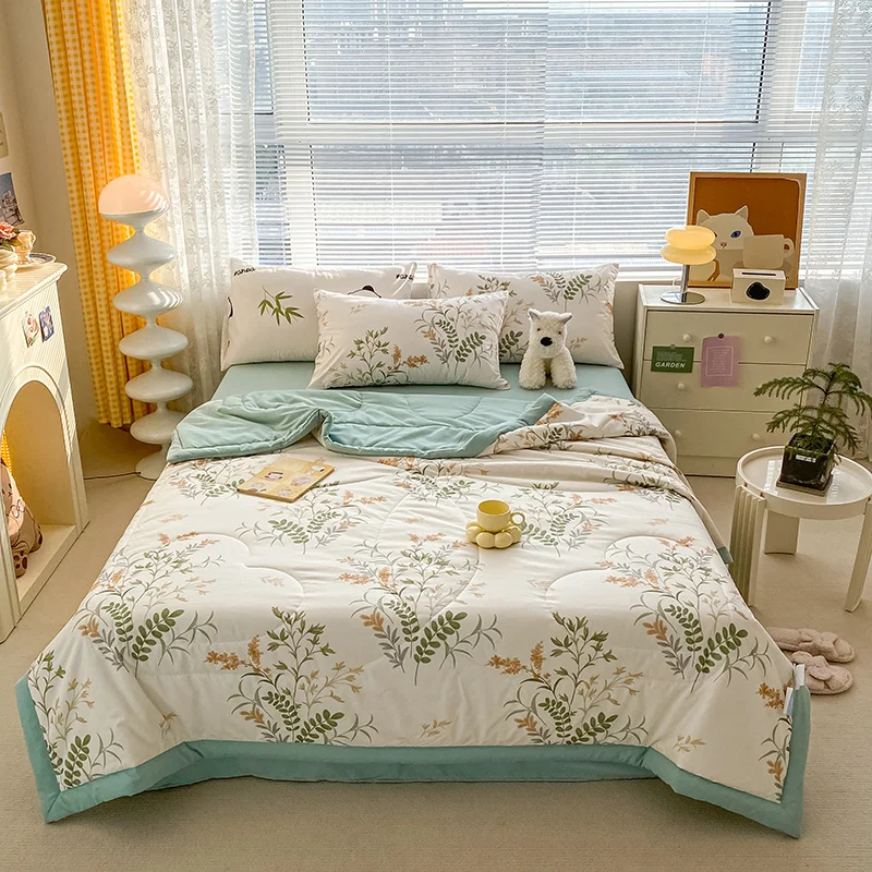 

Flower Washed Cotton Air Conditioner Quilt Floral Printed Quilting Spring Summer Mechanical Wash Comforter Single Double Blanket