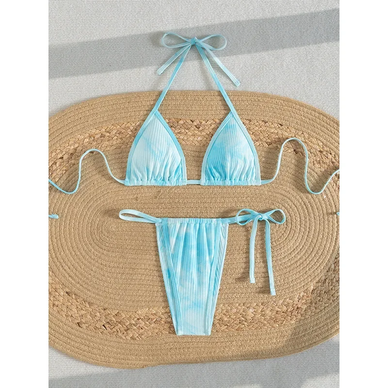 Сексуальное синее микро-бикини 2025 женский купальник Tie Dye стринги комплект бикини