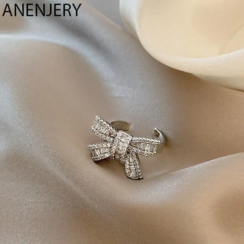 Женское кольцо с бабочкой ANENJERY серебристого цвета инкрустированным цирконием