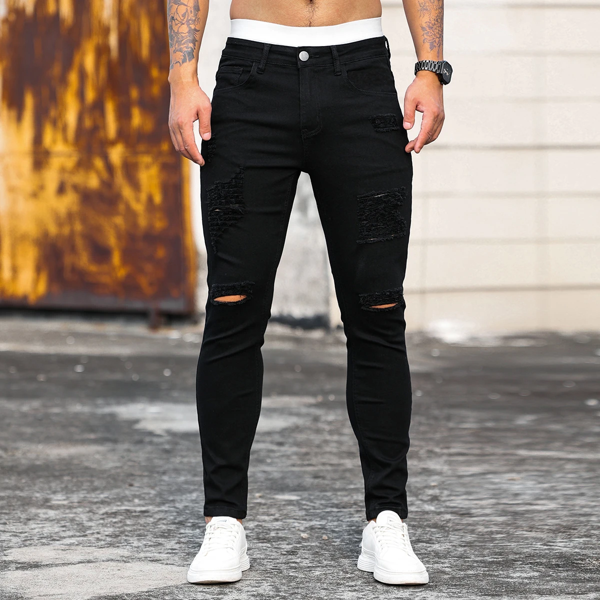 Fashion Black Split Skinny Jeans Men's Slim Fit Hip Hop Denim Pants Street Dress Men's Four Seasons Casual Jeans Jean Homme Men