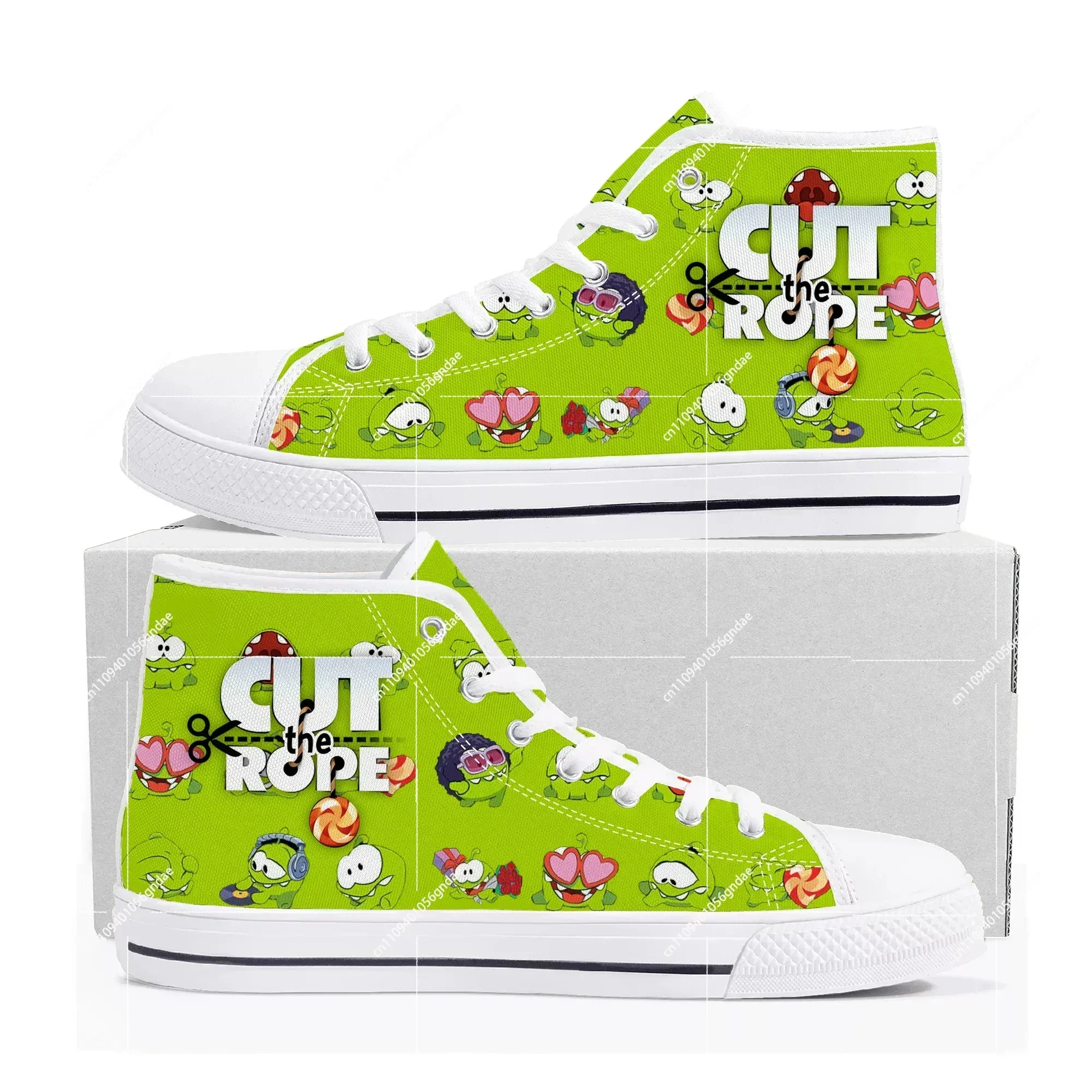 Фото Кроссовки Cut The Rope High Top с мультяшным принтом, мужские, женские, подростковые, высококачественные модные кеды из канваса, повседневные, на заказ №1