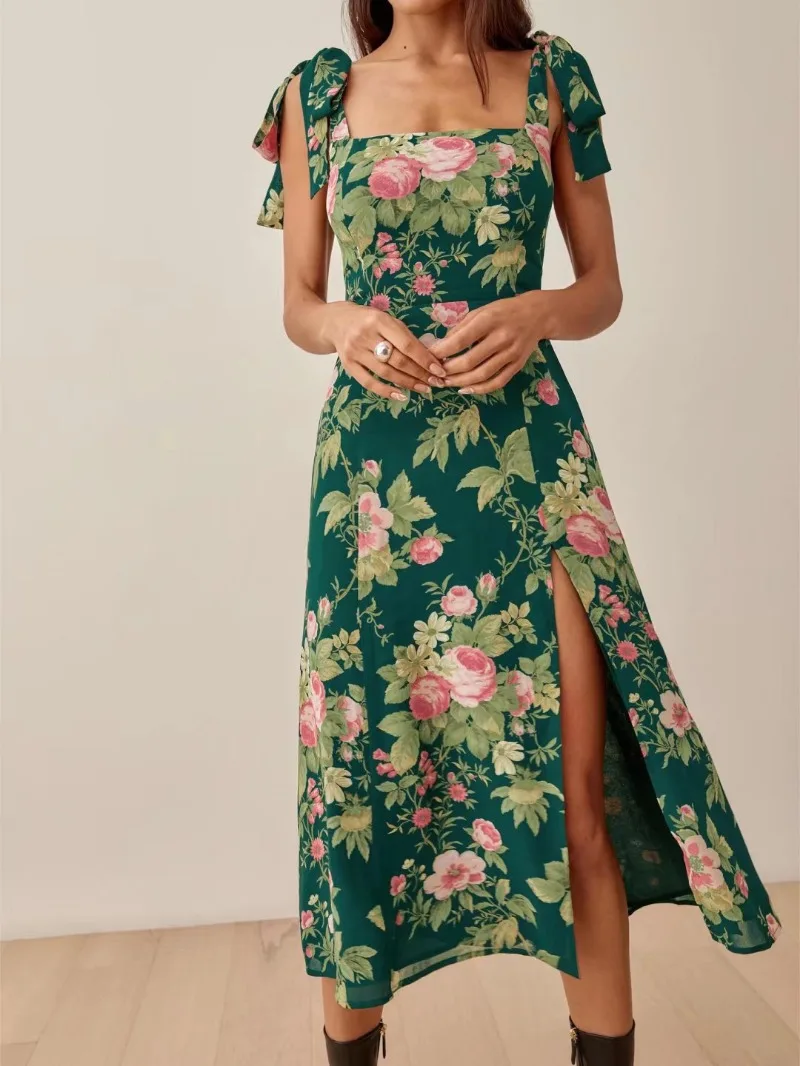 

Women Retro Floral Print Sling Dress Casual Slim Elastic Simple Sexy Backless Female Side Slit Sleeveless Mid-Length Dress