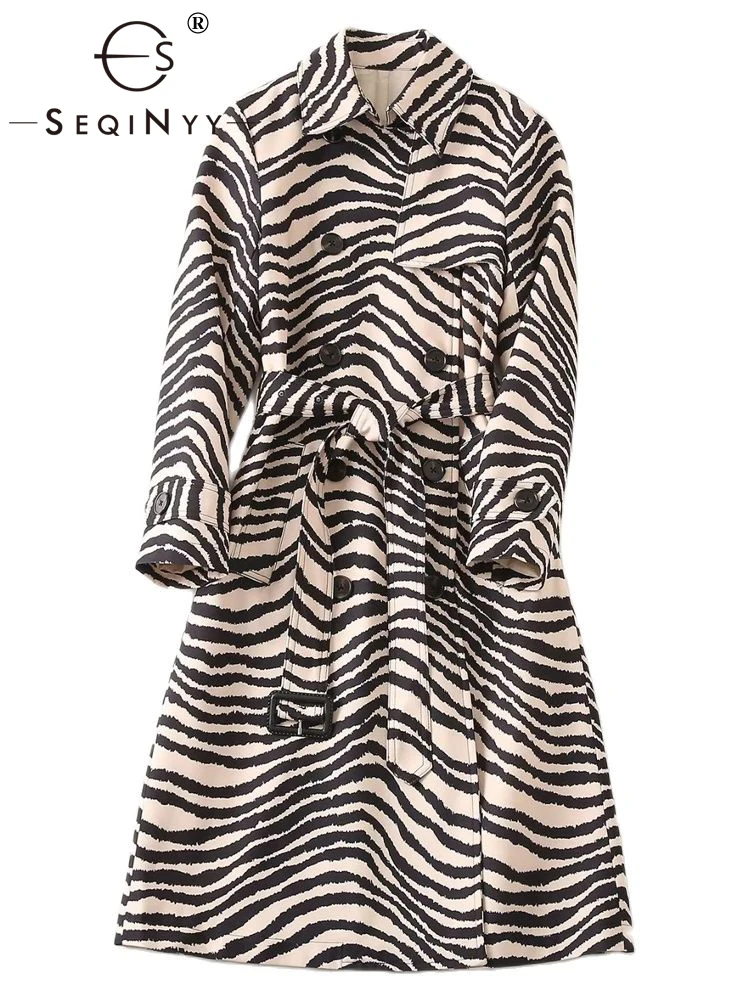 

SEQINYY Khaki Long Trench Coat Spring Autumn New Fashion Design Women Runway High Street Zebra Stripes Print Loose Elegant