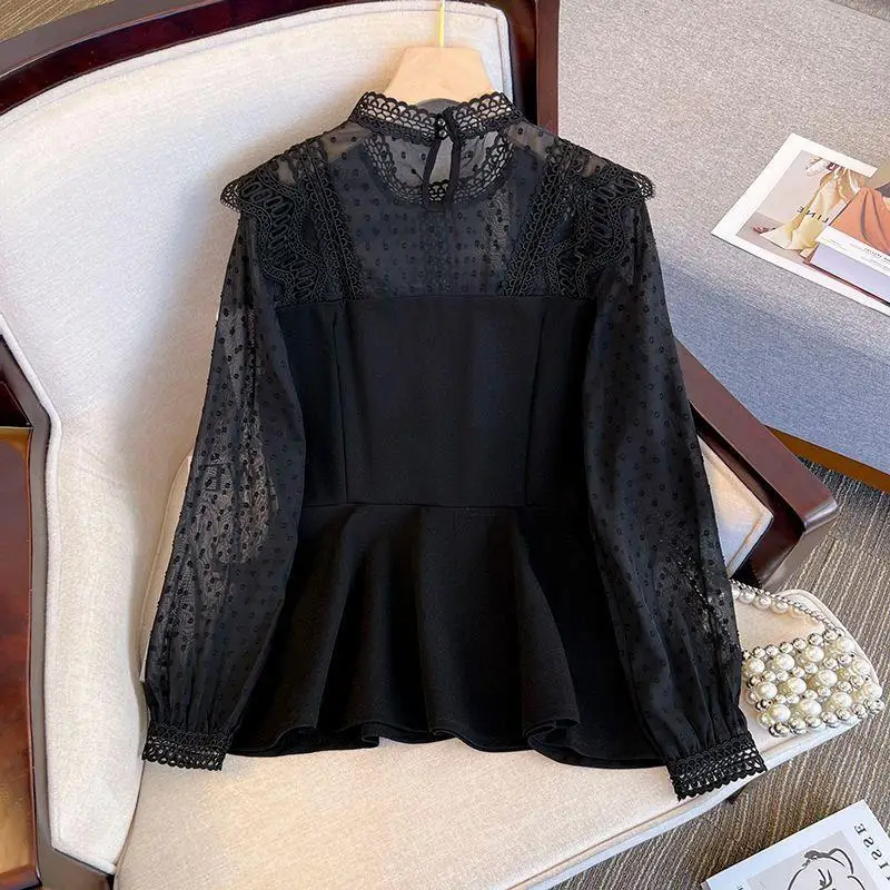

Oversized Shirts Women 2023 Blusas Mujer De Moda Patchwork Chiffon Polka Dot Blouses Sweet Lace See Throught Black Blouse Tops