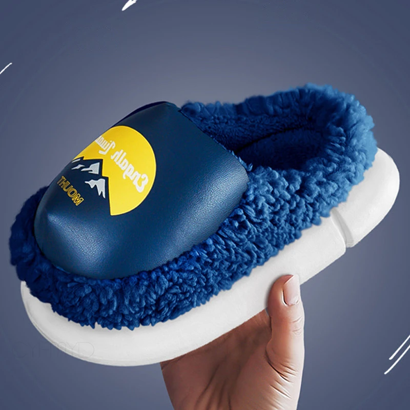 Women Slippers for Home Winter Shoes With Fur PU Waterproof House Slippers for Female Warm Non-slip Couple Indoor Slippers Girls