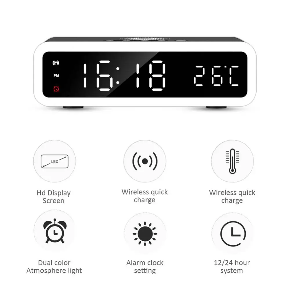 

Universal LED Electric Alarm Clock Digital Clocks With Phone Wireless Charger Snooze HD Clock Mirror With Time Memory Hot Sale
