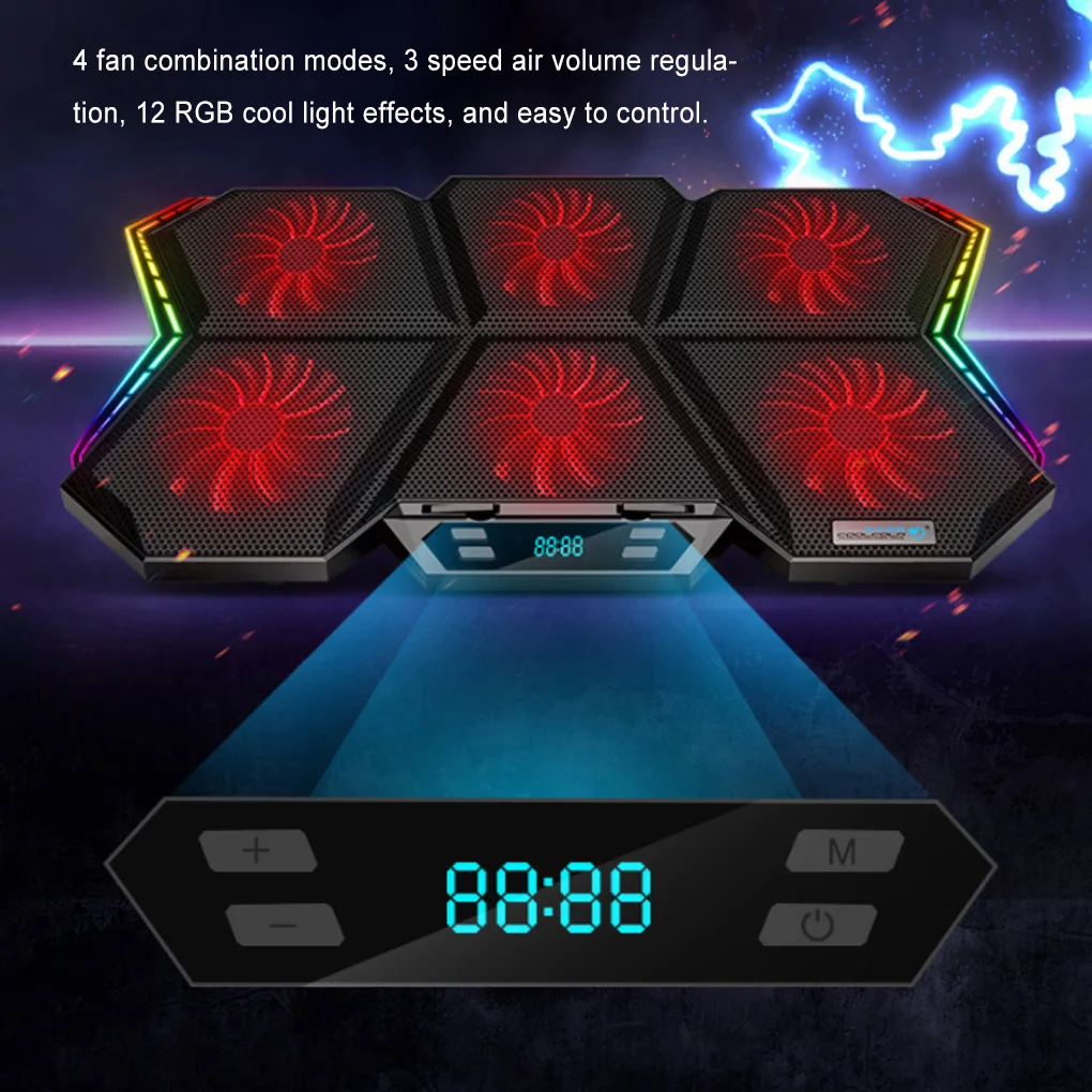 

RGB Light 6 Fans Portable Laptop Cooling Stand Adjustable Cooler Computers
