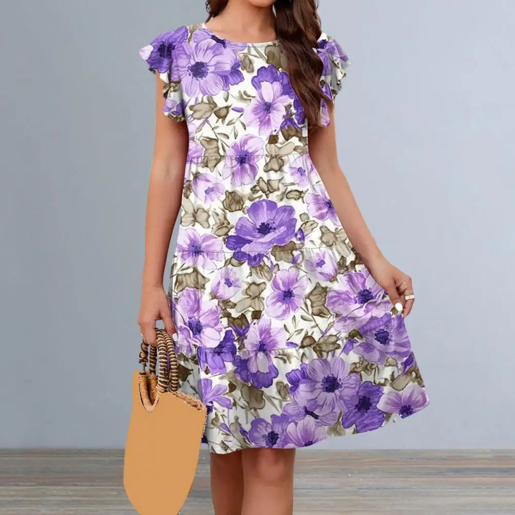 

Sweet Women Midi Dress Casual Women Summer Dress Loose Hem Round Neck Lady Summer Dress Dating