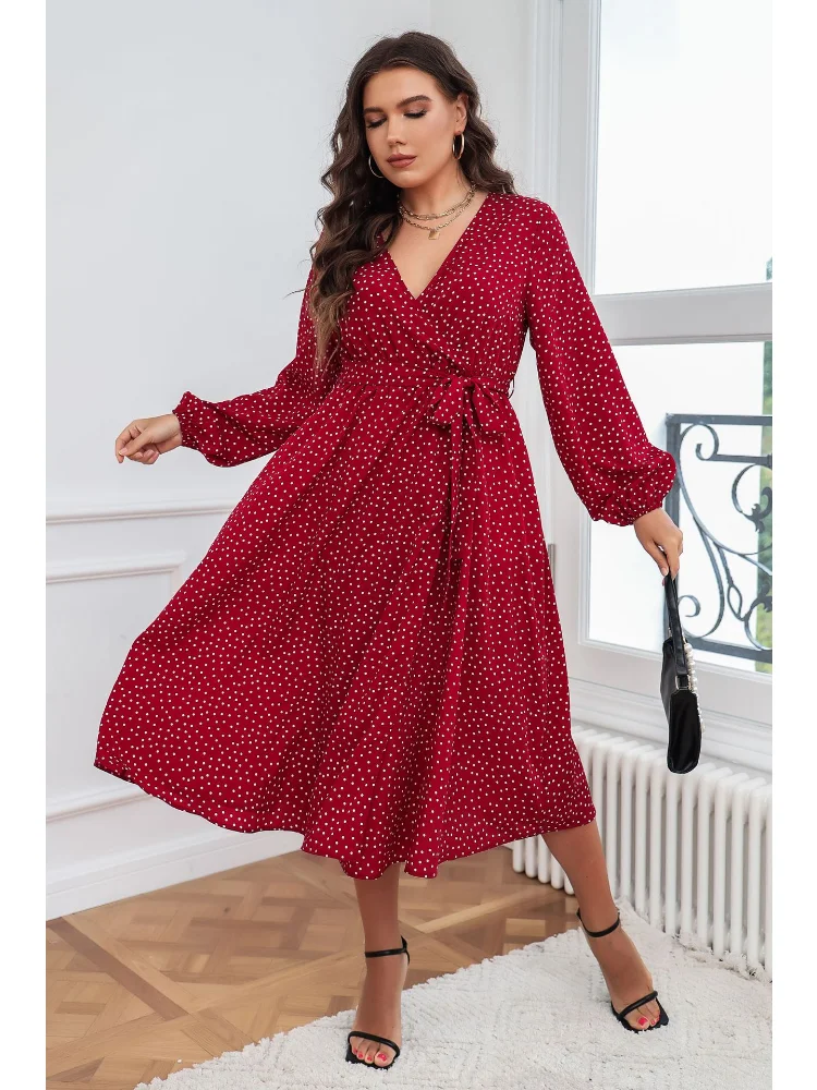 Big swing literary temperament red plus size dress cotton temperament commuter polka-dot long-sleeved women dress