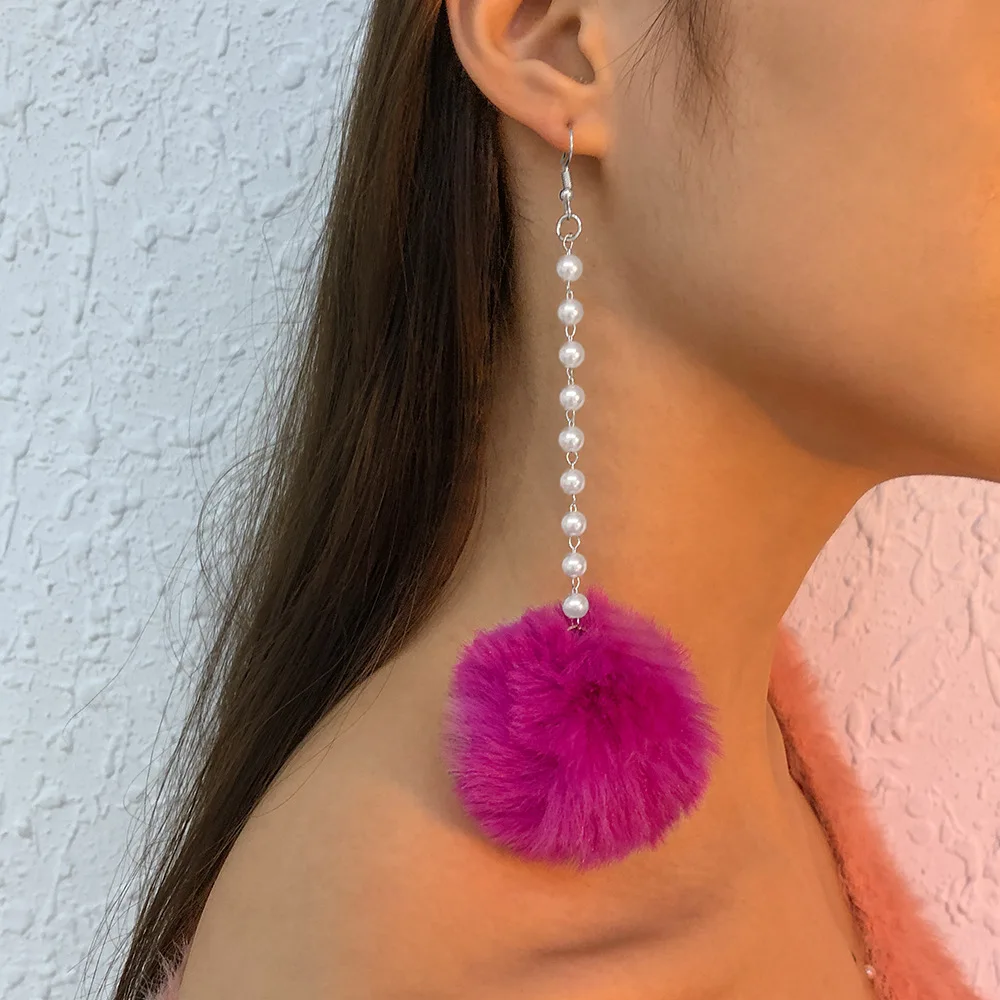 

Fashion Big Long Fuchsia Plush Ball Pearls Drop Earrings For Women Fur Ball Dangle Statement Earrings Costume Christmas Gifts