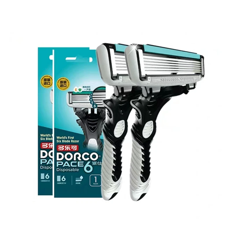 

2Pcs DORCO Men's Razor Blade Pace 6 Layer Shaver Travel Manual Shaving Razors Machine with Handle Safety Razor