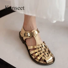 Kanseet Sandals Women Summer New Casual Round Toe Roman Style Genuine Leather Handmade Comfortable Flats Lady Shoes Big Sizes 43