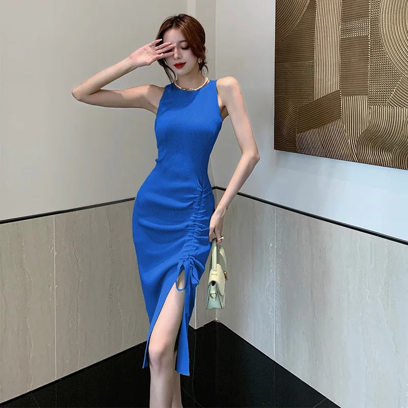 Купи Elegant Pencil Knitted Dress Women Sexy Sleeveless O-Neck Split Drawstring Bodycon Vestidos Vintage Elastic Summer Dresses за 889 рублей в магазине AliExpress