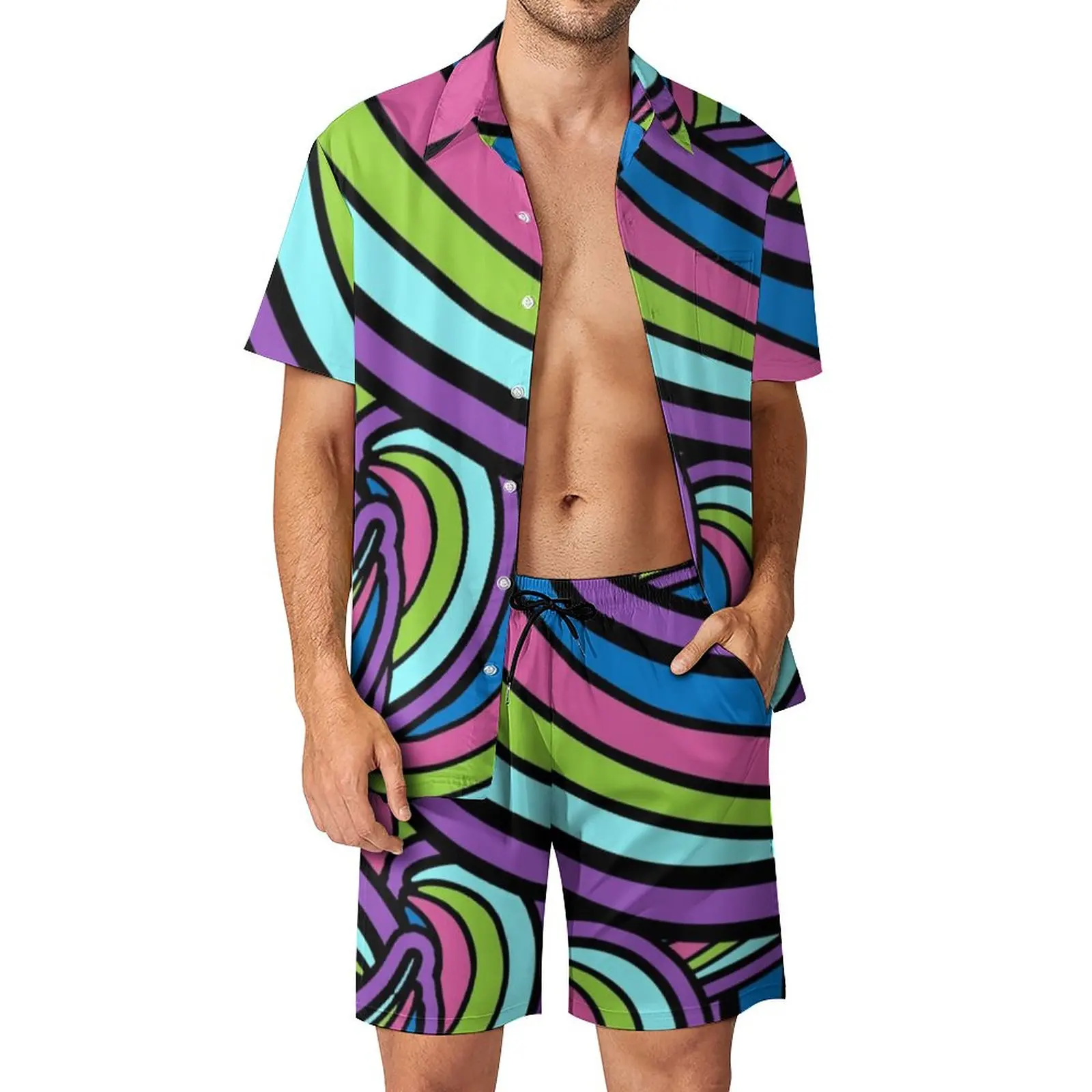 

Retro Geometric 60S 70S Men Sets Psychedelic Casual Shirt Set Streetwear Fitness Outdoor Shorts Pattern Suit Two-piece Clothing