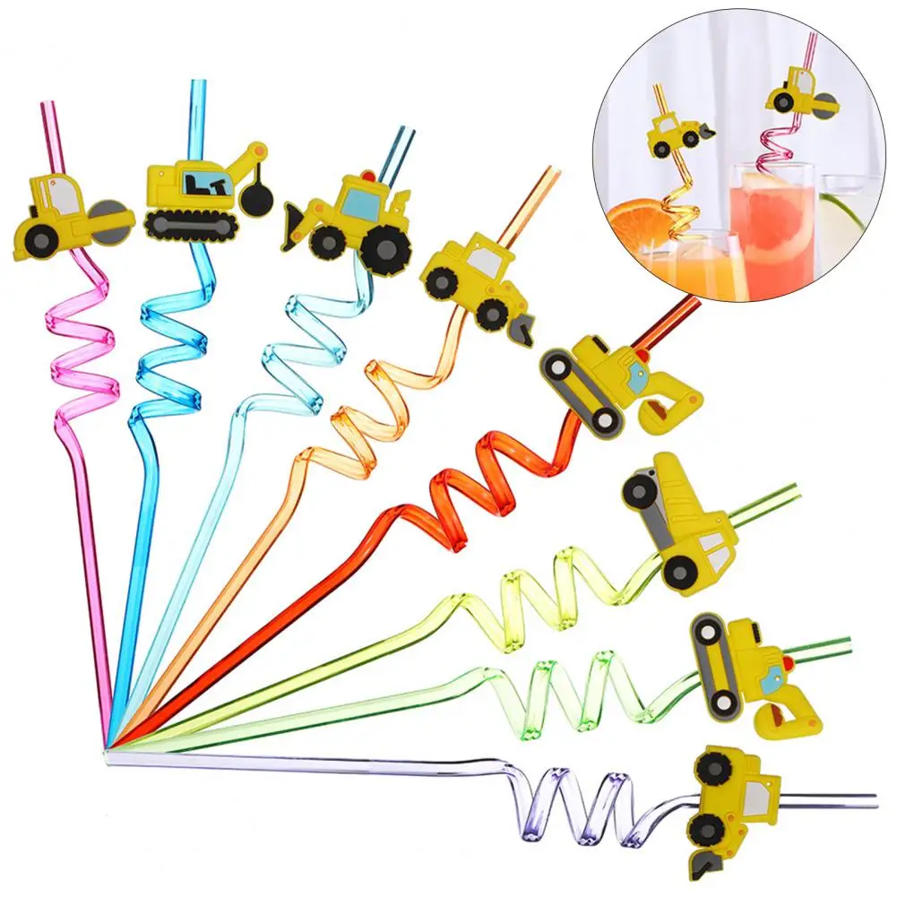

8Pcs Beverage Straws Food Grade Exquisite Shape PET Construction Themed Bulldozer Truck Juice Straws Party Supplies