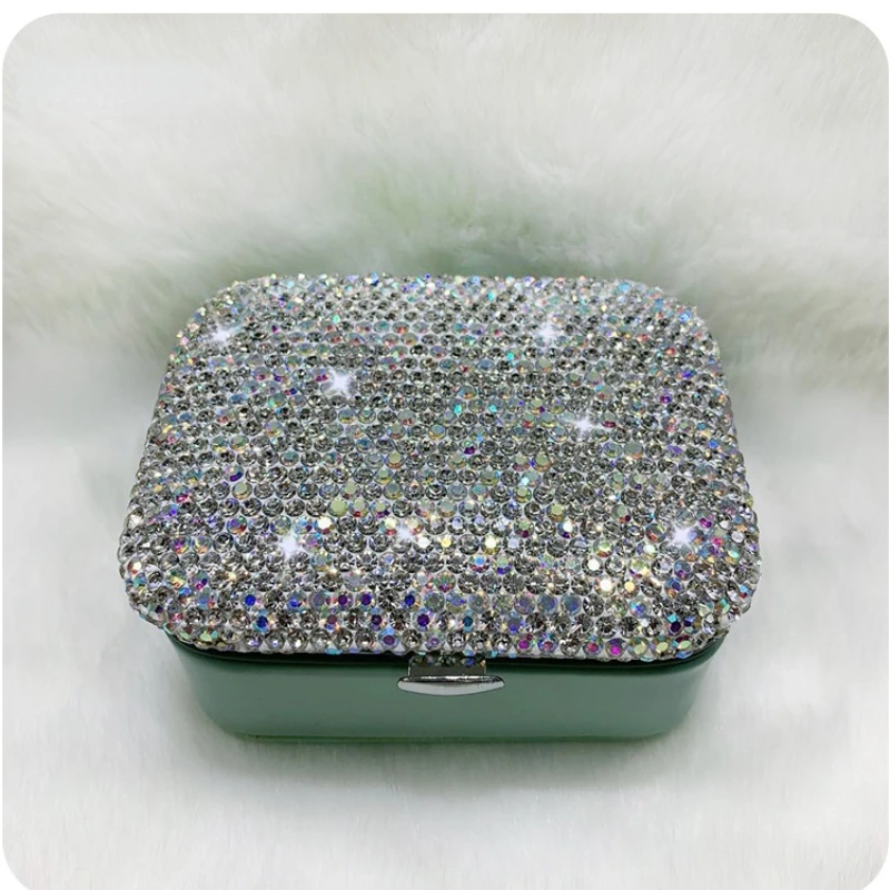 

Shiny Mini Jewelry Organizer Display Travel Earring Holder Leather Portable Fine Rhinestone Ring Case Dresser Decor Container