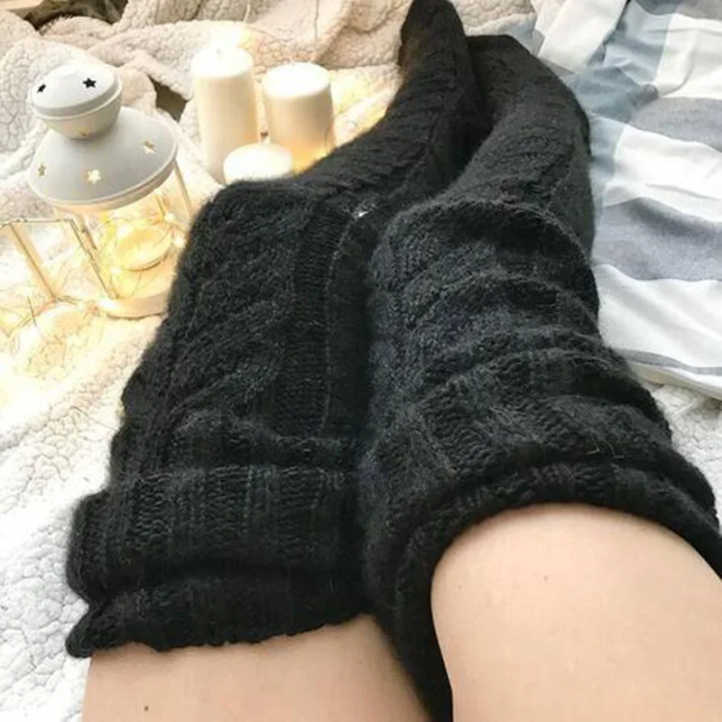 Fashion home knitted socks over the knee long tube solid color plush stockings long warm sexy pile sock black foot warmer winter