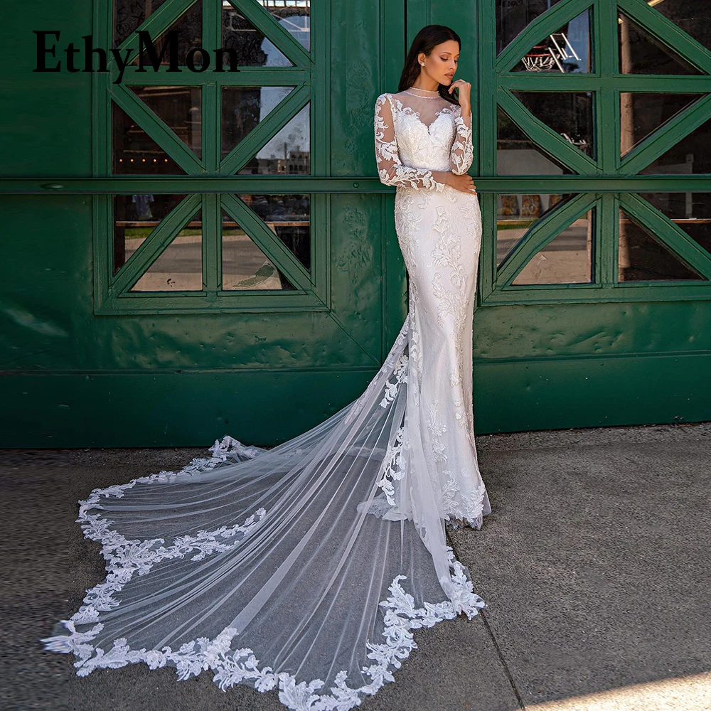 

Ethymon Choker Trumpet Sexy Attractive Wedding Gown For Bride Long Sleeve Floral Print Vestidos De Novia Court Train Custom Made