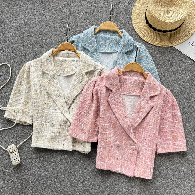 

Women Short Blazers Elegant Cotton Puff Sleeve Chic Ins Korean Fashion Female Tops Office Wear Double Breasted Notched Trendy