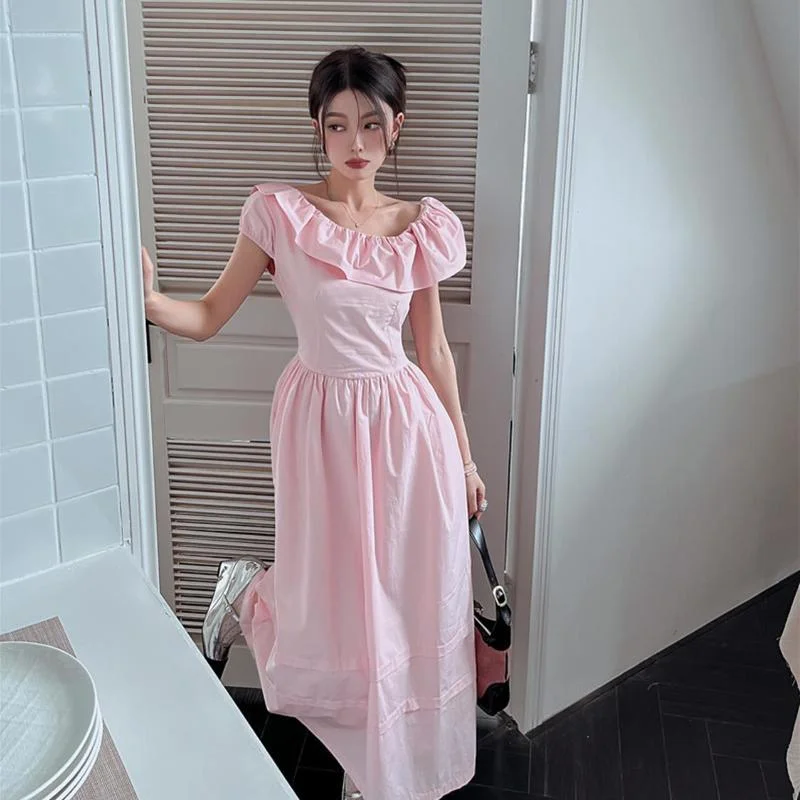 

Sweet Girls Summer Dress Women 2022 New Elegant Ruffled Puff Sleeves Long Dresses Simple Solid Color Holiday Casual Pink Dress