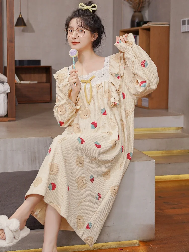 Nightdress Women Spring and Autumn Pure Cotton Long sleeve 2024 New Winter Plus size Gentle Pregnant Women's Pajam...