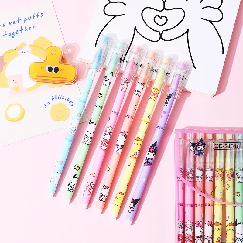 

12Pcs Kawaii Hello Kitty Erasable Gel Ink Pen Anime My Melody Kuromi Cute Neutral Pen Cartoon Student Stationery Office Supplies