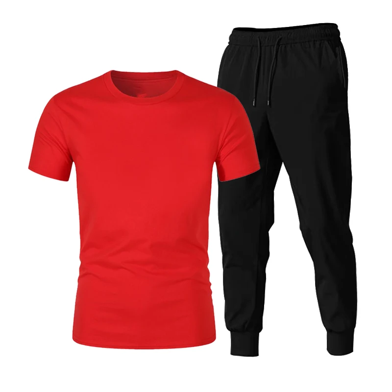 2021 New Summer Men's Solid Color Short-Sleeved Sweatshirt And Drawstring Sweatpants Suit Fashion Casual Sports 2-Piece Set