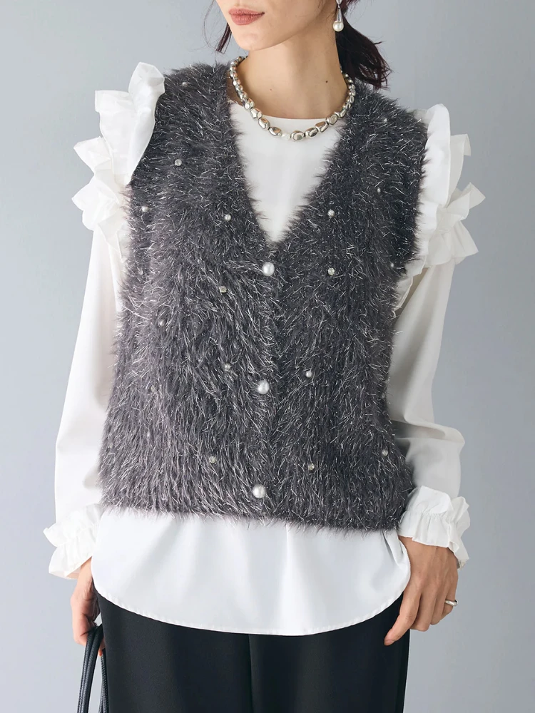 Осень-зима вязаный жилет с бисером женская верхняя одежда корейская мода