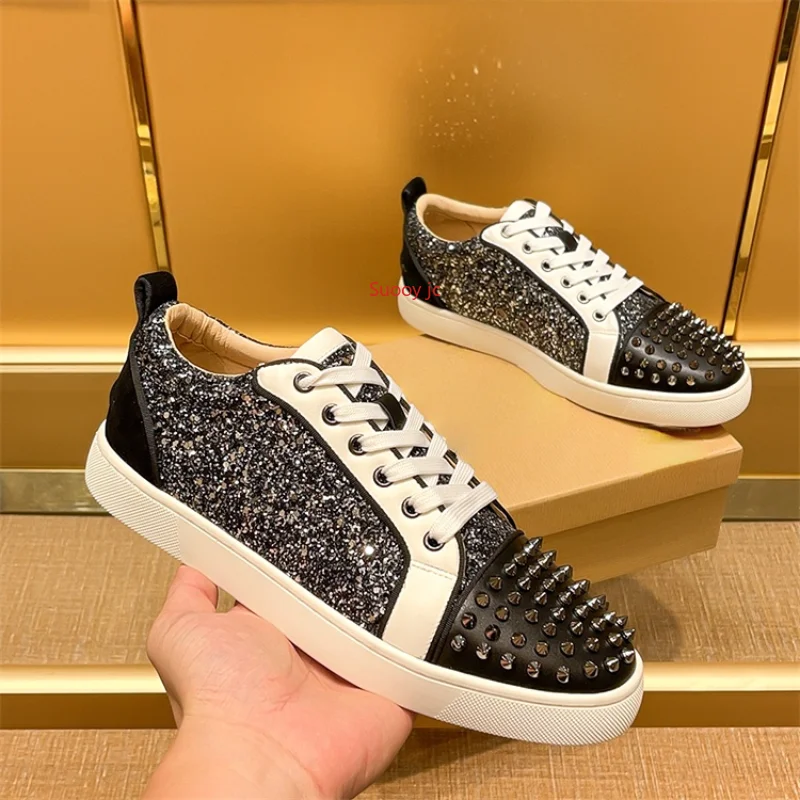 

Luxury shoes red bottom shoes color matching leather low-top men's shoes flat casual sneakers couple shoes