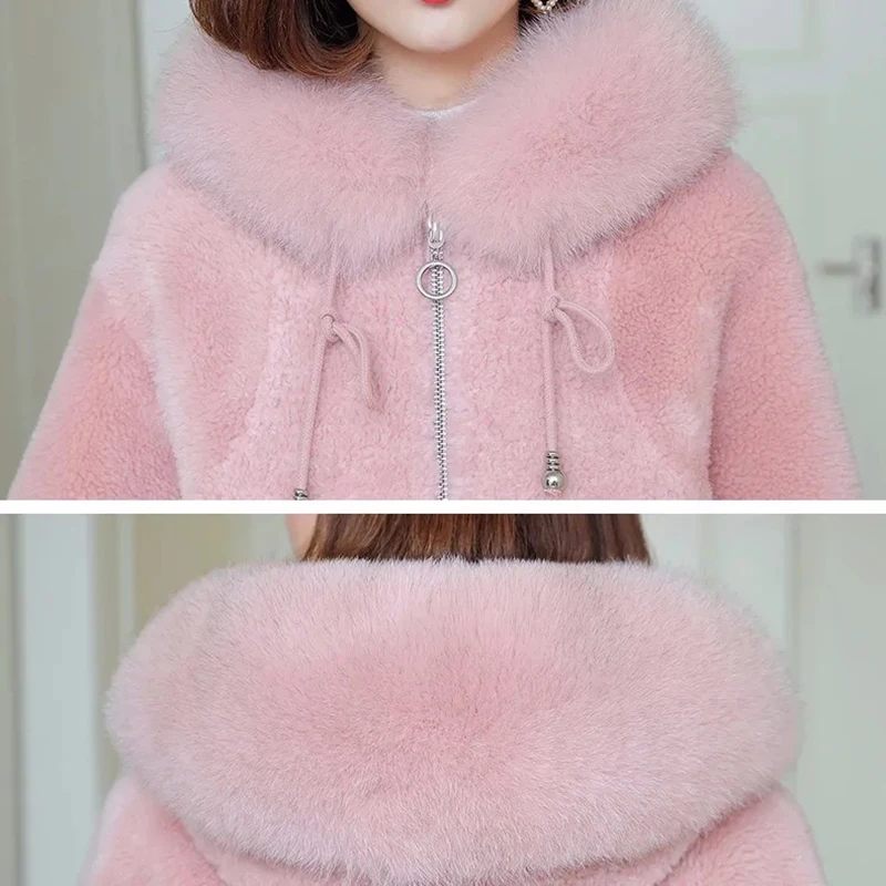 Winter Fur Collar Hooded Imitation Mink Double-Sided Fleece Plush Soft Coat Women Imitation Sheep Shearing Jacket Zipper Parkas