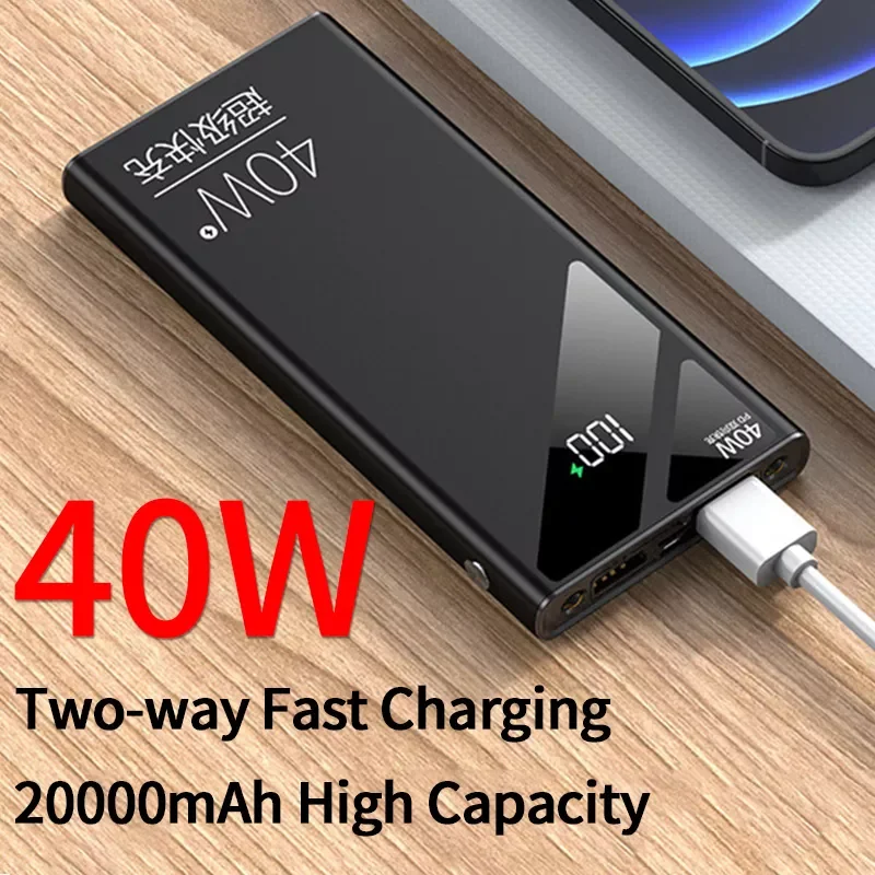 

2023New PD40W Two-way Fast Charging Power Bank 20000mAh Digital Display External Battery Built in Cables with Flashlight For Hua