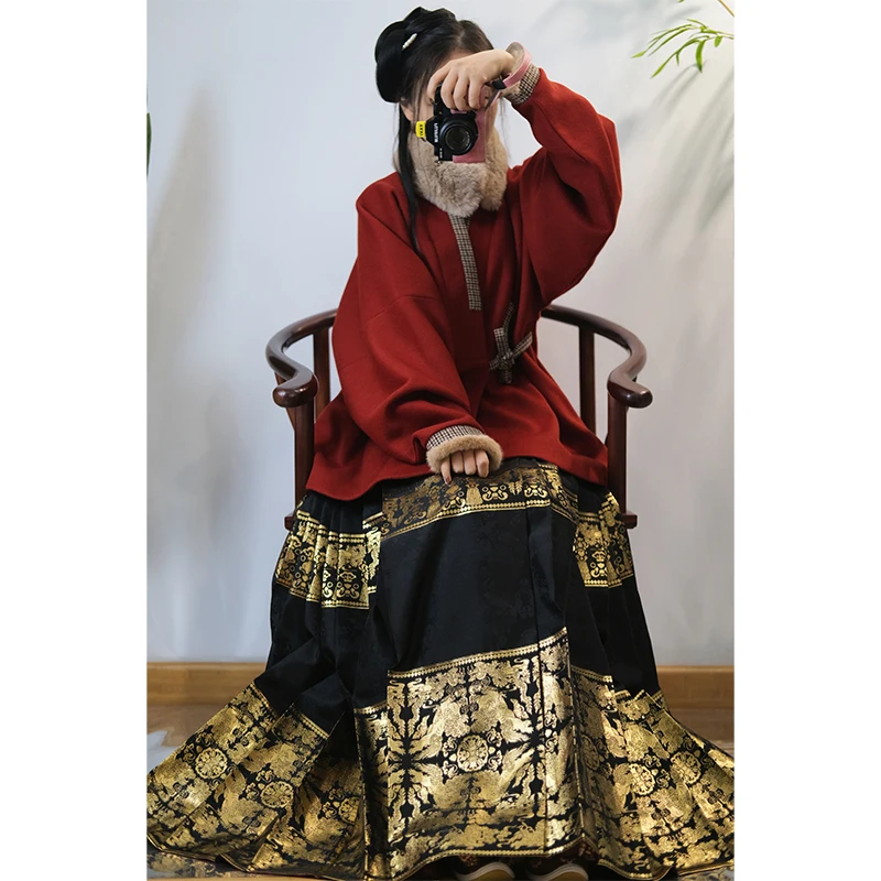 Hanfu Tuan Lion Дракон Узор Ming 6 метров тканой Золотой лошади лица юбка без принта