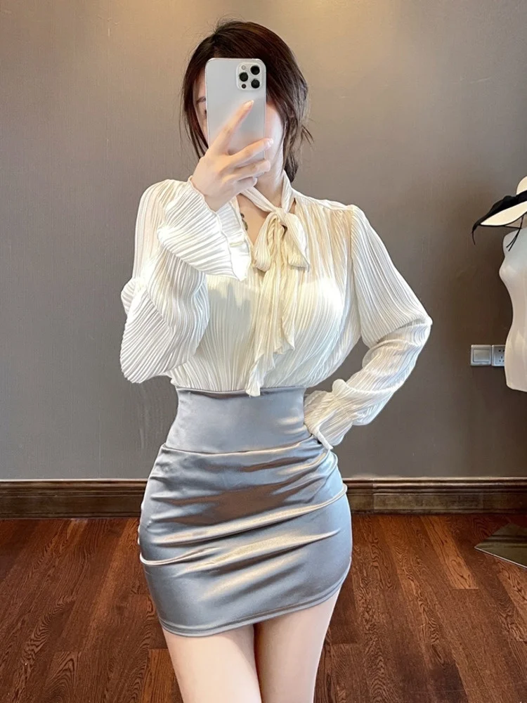 

Элегантная шифоновая тонкая рубашка OL с V-образным вырезом и расклешенными рукавами, популярная пикантная Корейская женская блузка для секретаря, топы 2022 QN3N